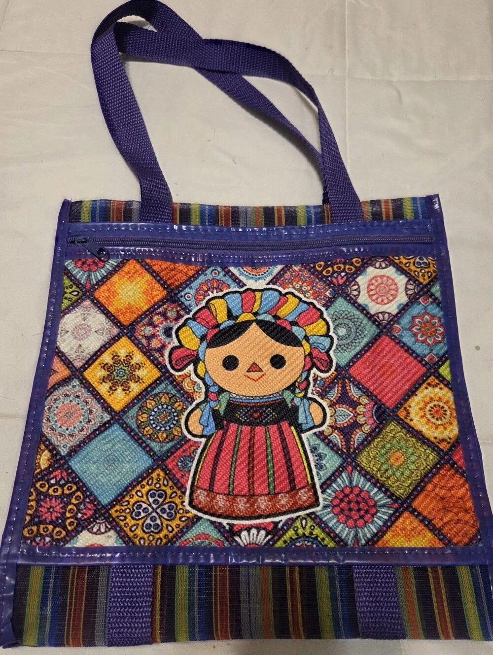 Colorful Mexican Lele Doll Mercado Tote Bag Zip Top Folk Art Shopping Beach